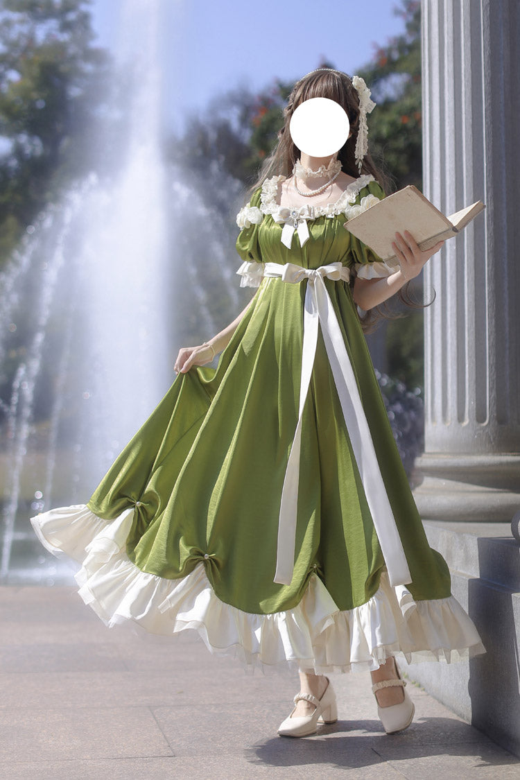 Green Square Collar Short Sleeves Ruffle Bowknot Sweet Regency-Style Vintage (Dress Only) detail view 10