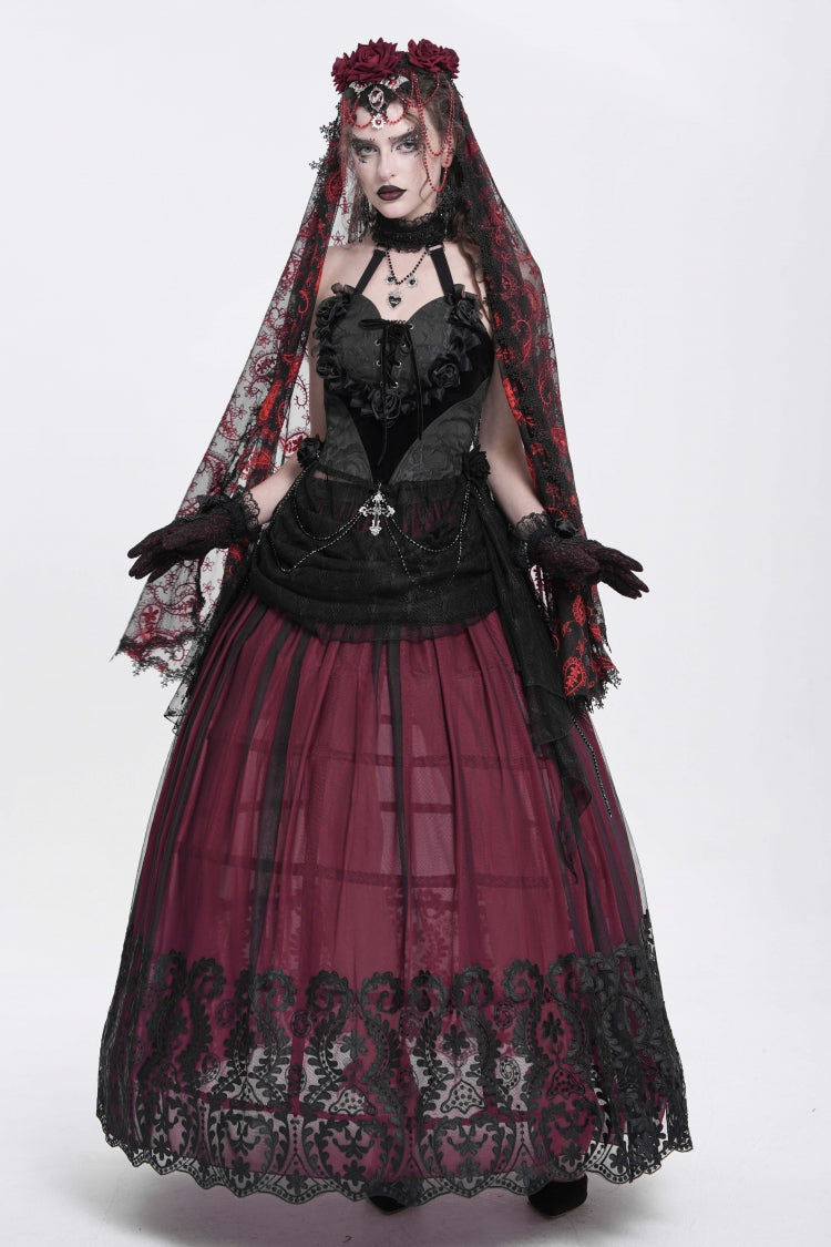 Black Halterneck Sleeveless Embroidery Stitching Rose Heart Lace Women's Gothic Blouse - Product - 4