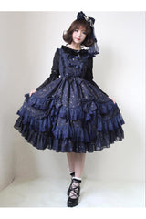 Chiffon Golden Star Bowknot Print Classic Lolita Sling Dress - Navy blue - 3