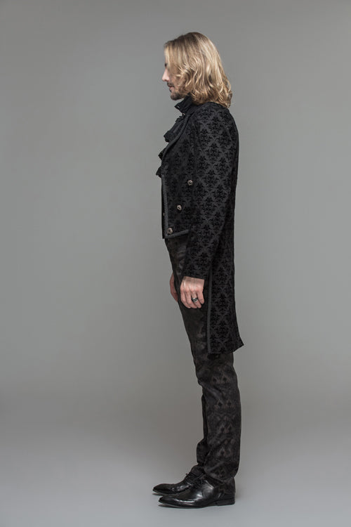 Black Gothic Floral Patterned Flocking Short Front And Long Back Open Mens Coat - Product - 3