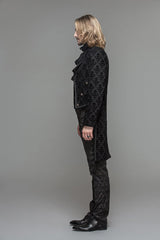 Black Gothic Floral Patterned Flocking Short Front And Long Back Open Mens Coat - Product - 3