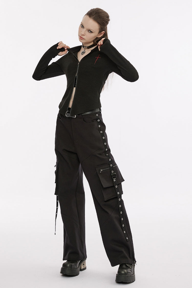 Black Cross Sword Embroidery Slim Metal Zipper Women's Punk Jacket - Product - 4