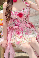 Pink Multi-Color Rose Print Sleeveless Short Version Sweet Lolita Strapless Dress - Product - 9