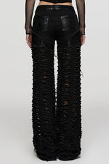 Black Embossed Stitching Mesh Ripped Women's Steampunk Straight Pants - Product - 3