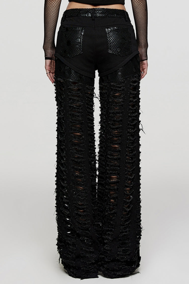 Black Embossed Stitching Mesh Ripped Women's Steampunk Straight Pants - Product - 3