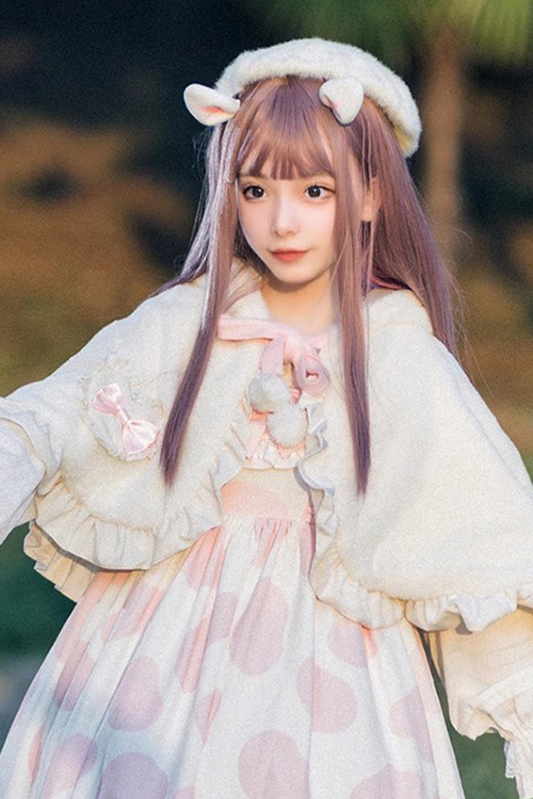 Ivory Plush Bunny Ears Bowknot Sweet Princess Lolita Cloak Coat - Product - 2