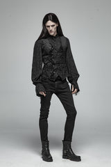 Black Retro Jacquard Front Woven Strap Metal Button Men's Gothic Vest - Product - 6