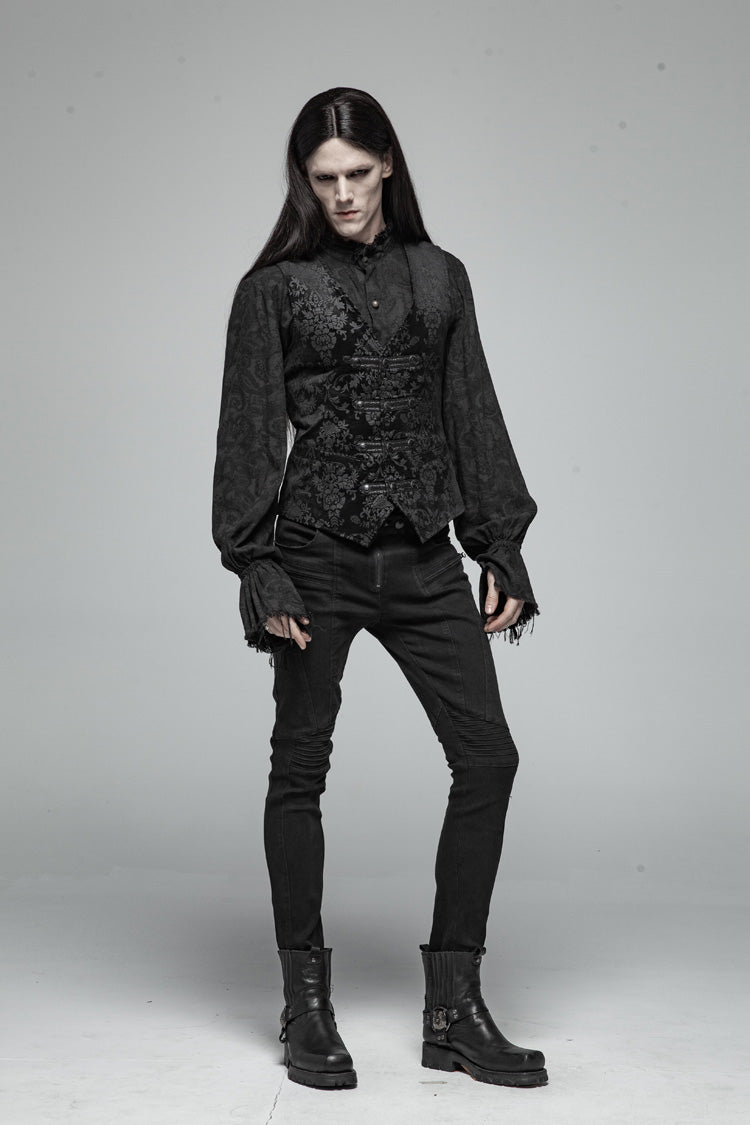 Black Retro Jacquard Front Woven Strap Metal Button Men's Gothic Vest - Product - 6