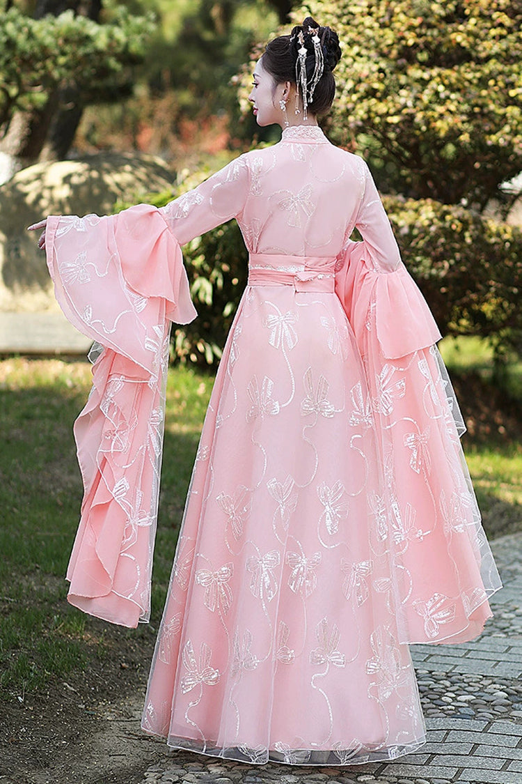Pink V Collar High Waisted Embroidery Slim Women's Classic Chinese Style Hanfu Dress Full Set - Product - 4