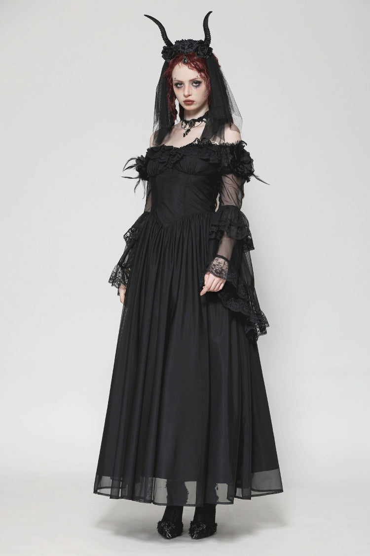 Black Off Shoulder Boat Neck Multi-Layered Long Trumpet Sleeves Lace Spliced Tulle Lace-Up Women's Gothic Fantasy Dress - Product - 11