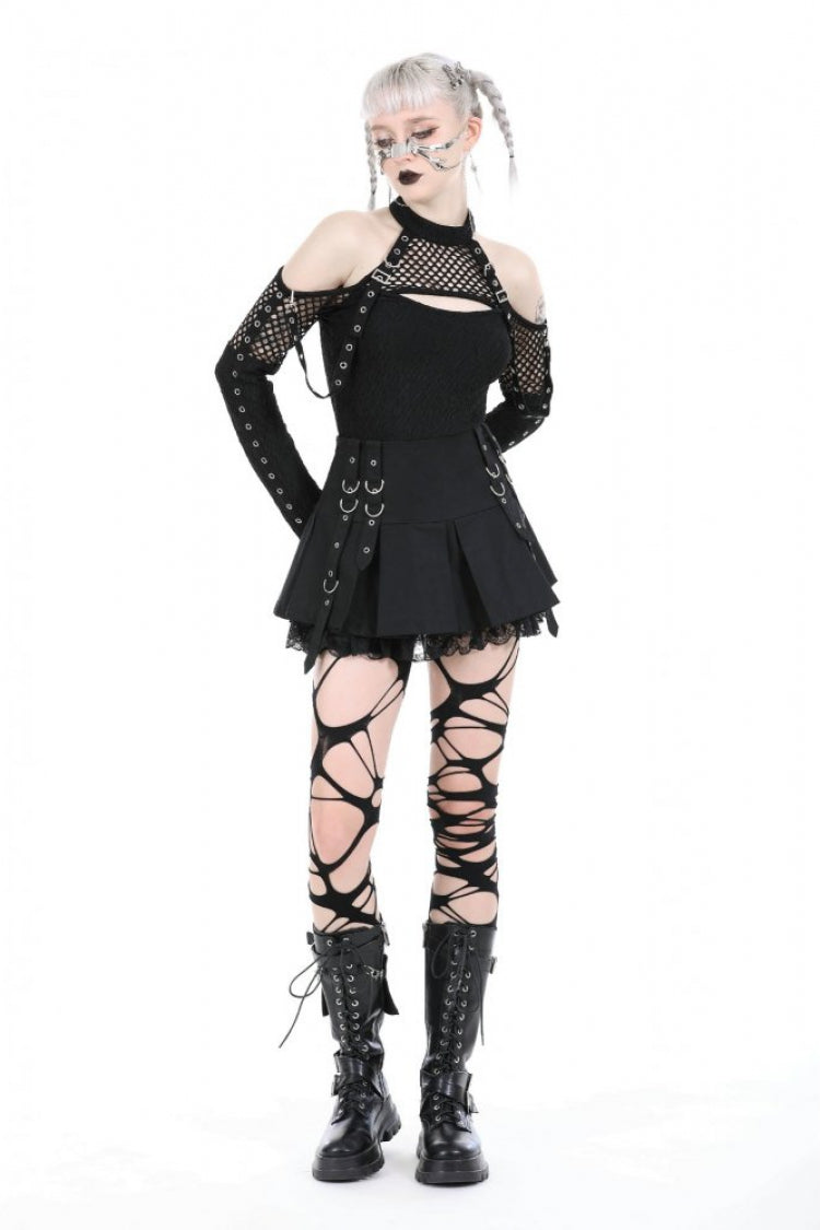 Black Off Shoulder Long Sleeves Cut-Out Spliced Mesh Women's Punk Top - Black - 1