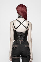 Black Faux Leather Strap Back Print Lace-Up Womens Steampunk Short Corset - Product - 3