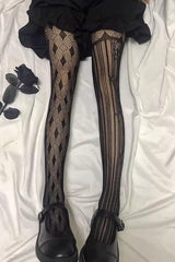 Black Mesh Asymmetric Striped Gothic Lolita Tights - Black - 1