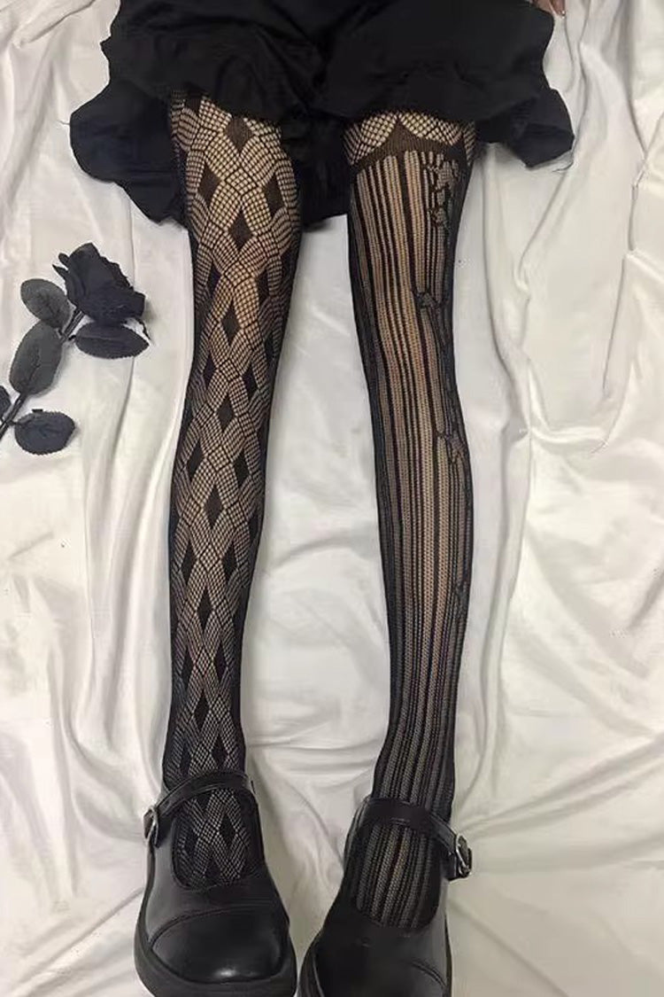 Black Mesh Asymmetric Striped Gothic Lolita Tights - Black - 1
