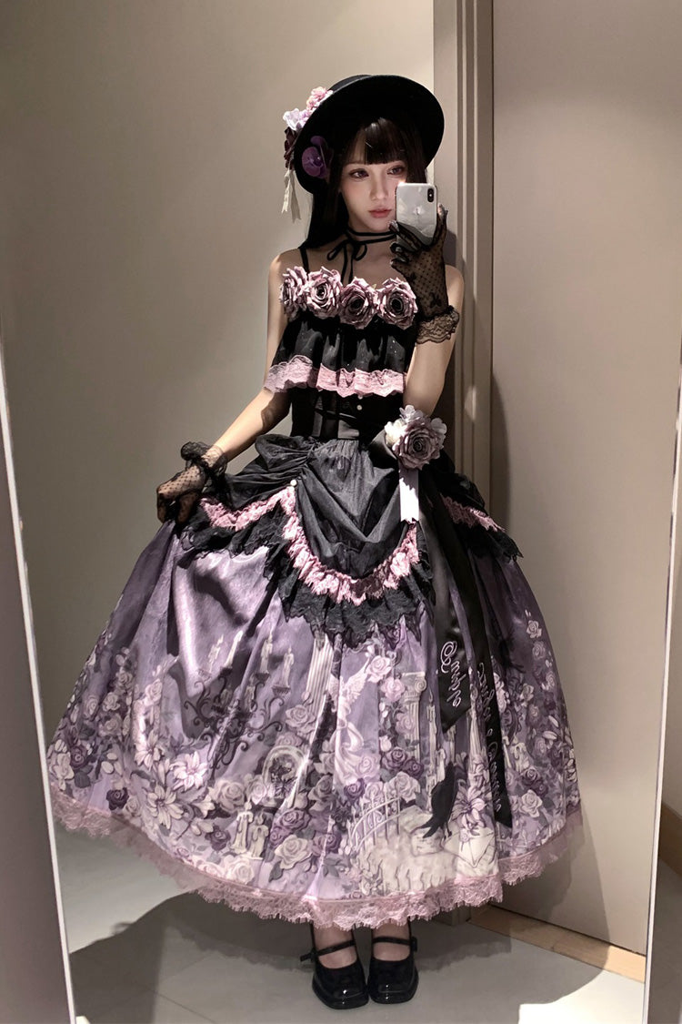 Black/Purple [Angel Garden] Sleeveless Print Ruffle Bowknot Lace Sweet Gothic Lolita Skirt Set - Product - 9