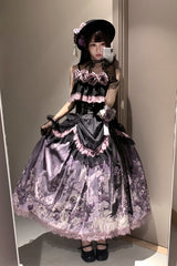 Black/Purple [Angel Garden] Sleeveless Print Ruffle Bowknot Lace Sweet Gothic Lolita Skirt Set - Product - 9