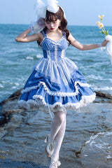 Blue Landing Drawstring Pull Up Hem Elegant Sweet Lolita Dress - Product - 3