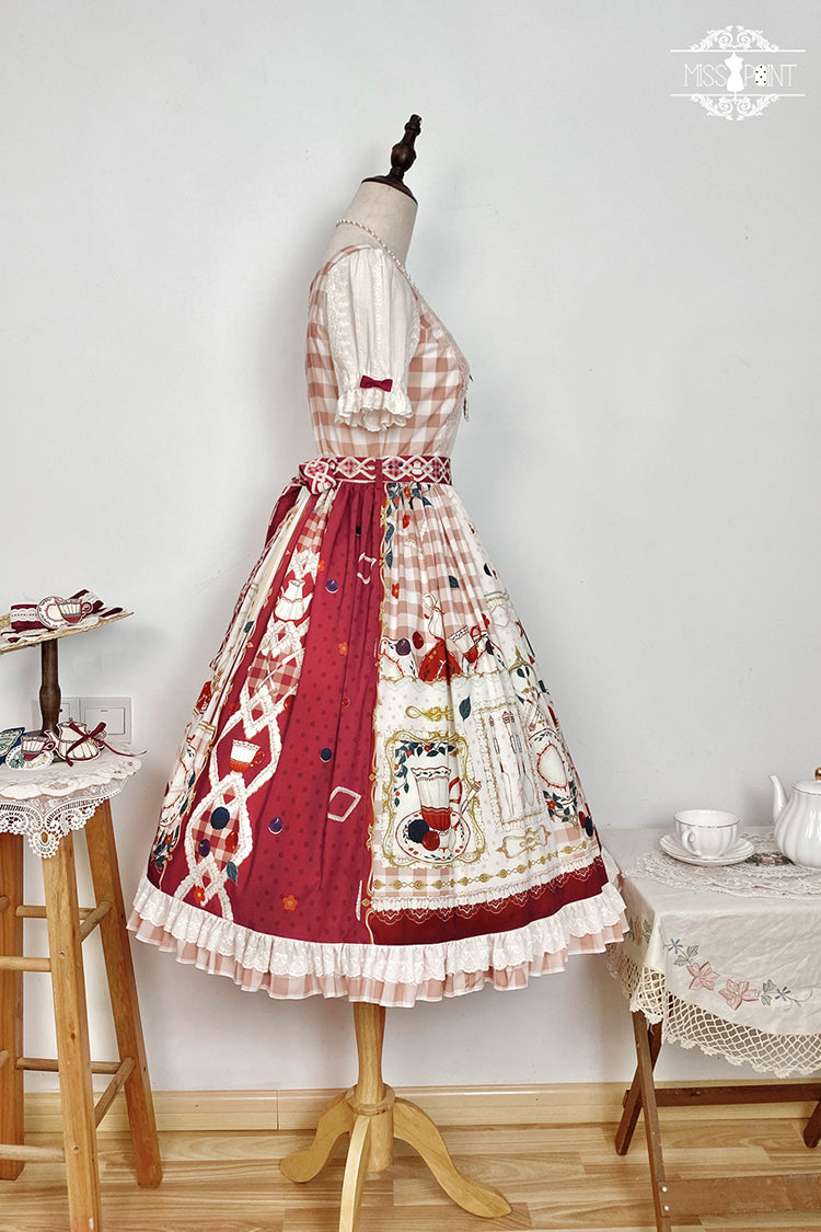 Red [Tea Party] Short Sleeves Print Ruffle Bowknot Lace Sweet Elegant Lolita Dress - Product - 7