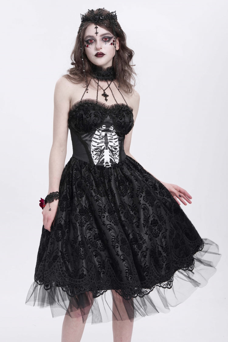 Black Halterneck Skeleton Print Embroidery Stitching Lace Women's Gothic Dress - Product - 2
