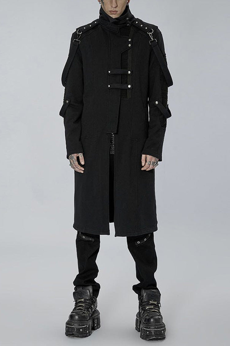 Black Punk Asymmetry High Collar Placket Metal Shoulder Detachable Webbing Men's Knitted Coat - Black - 1