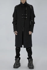 Black Punk Asymmetry High Collar Placket Metal Shoulder Detachable Webbing Men's Knitted Coat - Black - 1