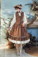 Multi-layer Striped Print Ruffle Sweet College Style Elegant Lolita Skirt 3 Colors - Brown - 15