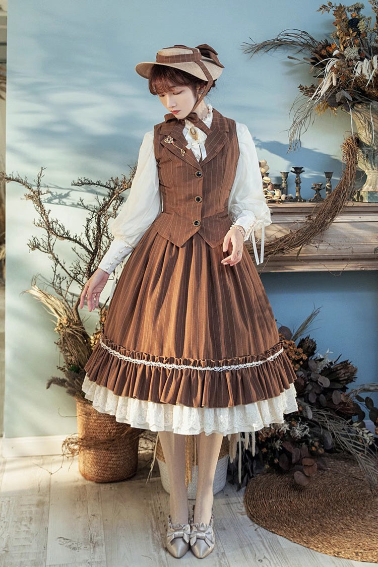 Multi-layer Striped Print Ruffle Sweet College Style Elegant Lolita Skirt 3 Colors - Brown - 15