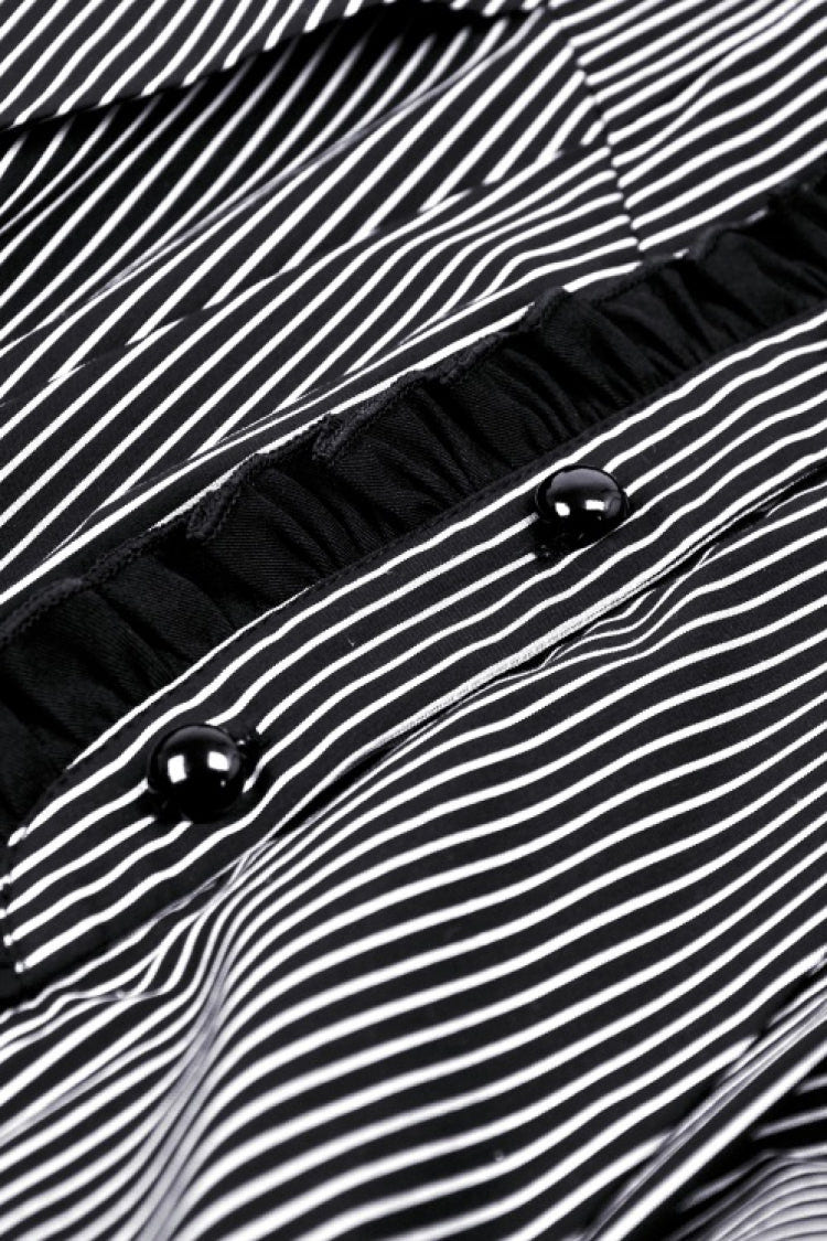 ブラック／ホワイト ラペルカラー ロング パフスリーブ レディース ゴシック ストライプ Preppy スタイル ワンピース 商品画像