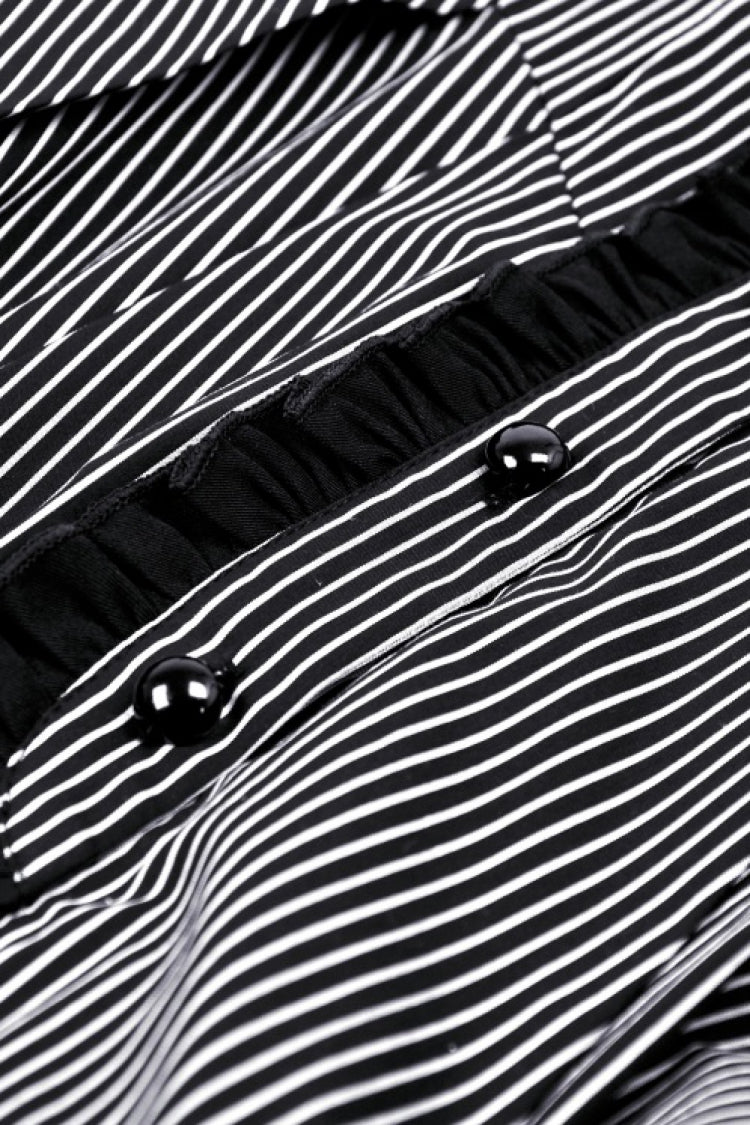 Black/White Lapel Collar Long Puff Sleeves Women's Gothic Striped Preppy Style Dress - Product - 18