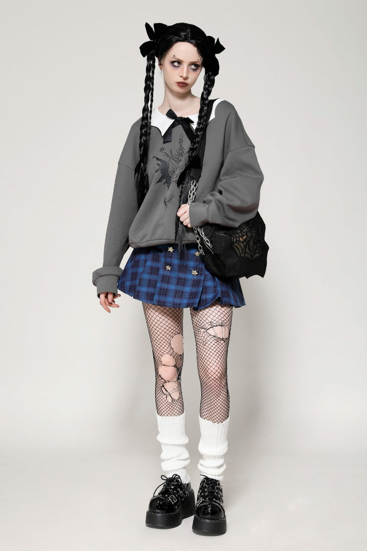 Grey Bowknot Peter Pan Collar Long Sleeves Bat Women's College Style Sweatshirt - Product - 10