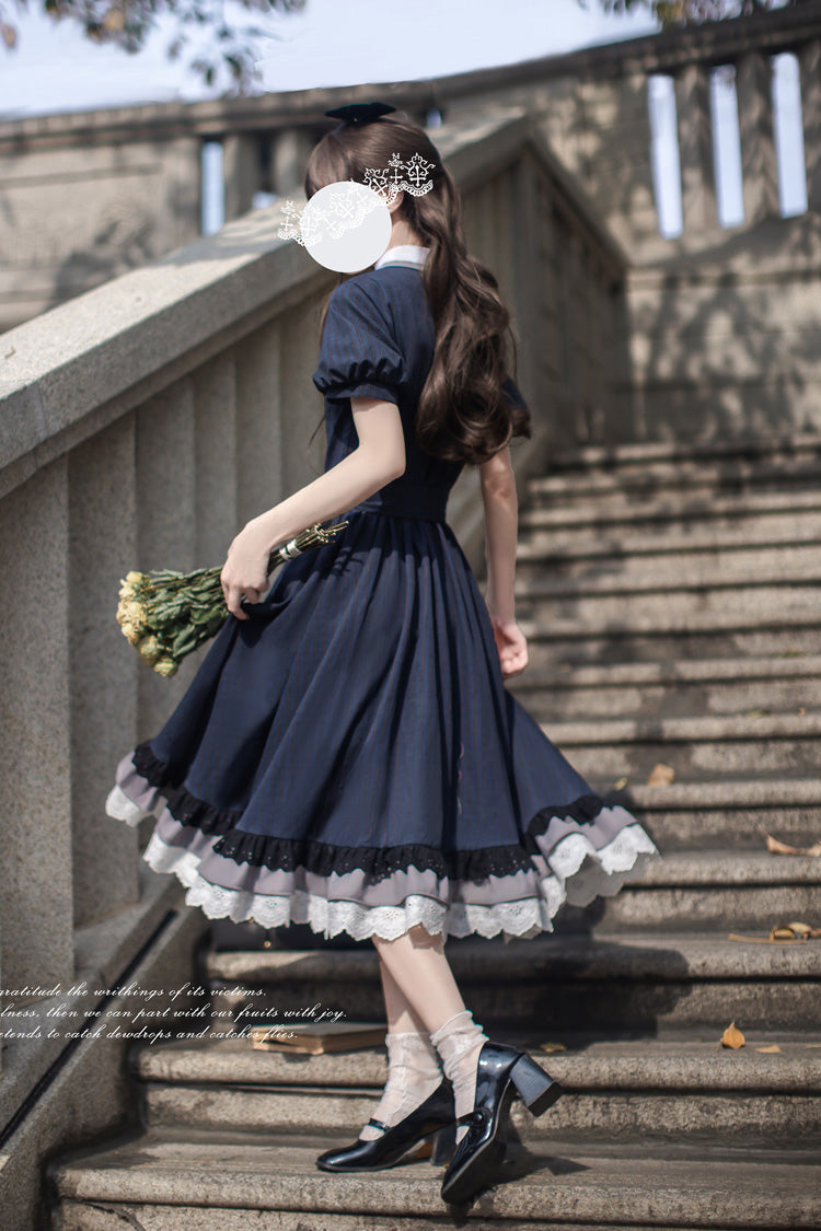 Blue [Phyllis] Lapel Collar Short Sleeves Printed Bow Classic Vintage Elegant Lolita Dress - Product - 10
