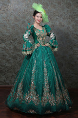 Hime Sleeves High Waisted Three Dimensional Hollow Embroidery Floral Print Ruffled Multi-Layer Victorian Lolita Prom Dress - Green - 7