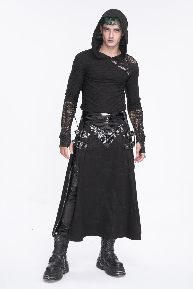 Black Patent Leather Splice Split Men's Punk Skirt - Product - 5