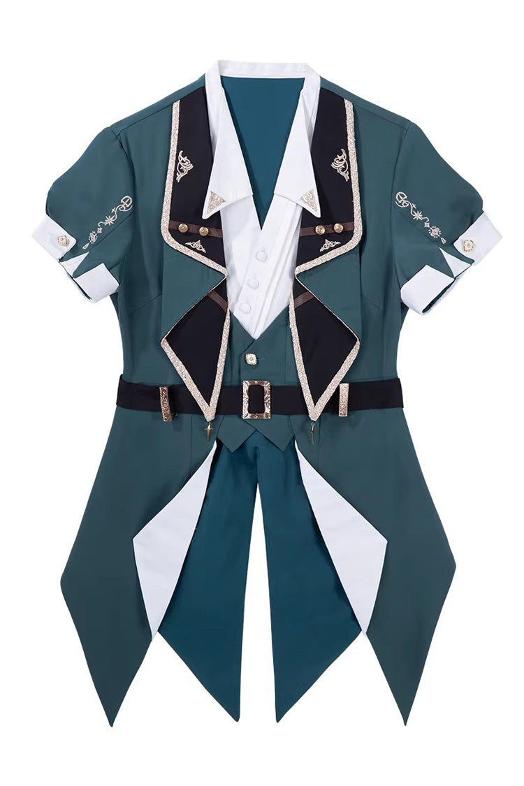 Black/Green [Anlexia Bookstore] Square Collar Short Sleeves Embroidered Studded Gothic College Style Prince Handsome Ouji Lolita Set - Top(Only) - 12