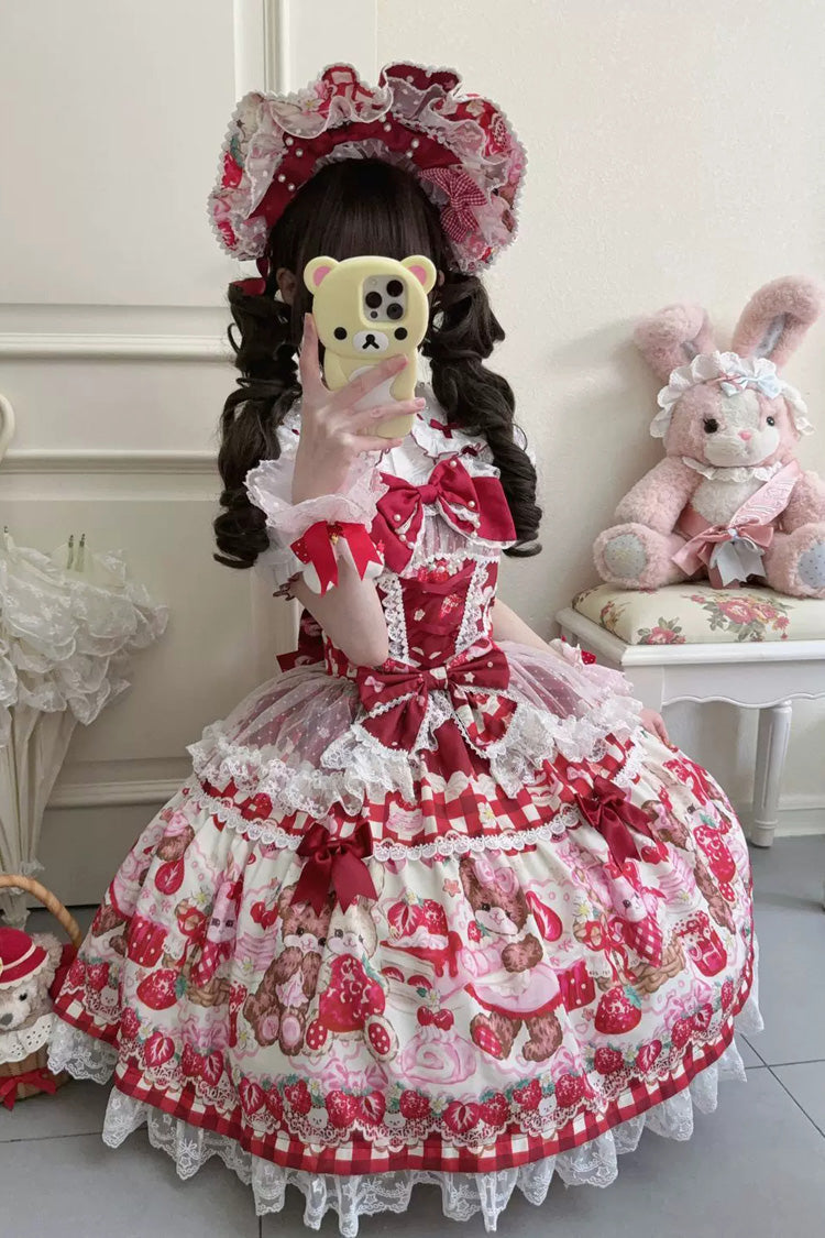 Red [Sweet Berry Bunny Bear] Printed Bow Lace Lace-Up Sweet Lolita Jsk Dress - Product - 2