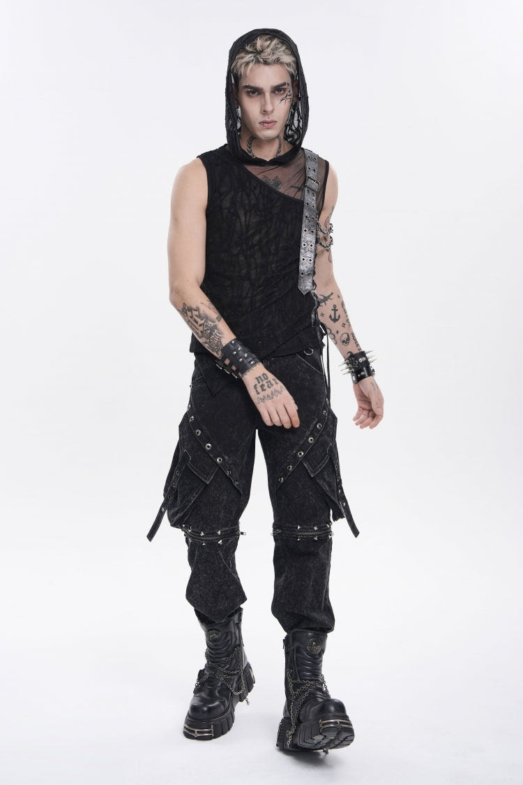 Black Hooded Sheer Asymmetric Chain-Decorated Men's Punk Hooded Vest - Product - 5