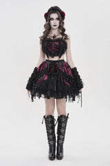 Black/Red Off Shoulder Bow Lace Color-Blocked Strappy Pleated Women's Gothic Corset - Product - 2
