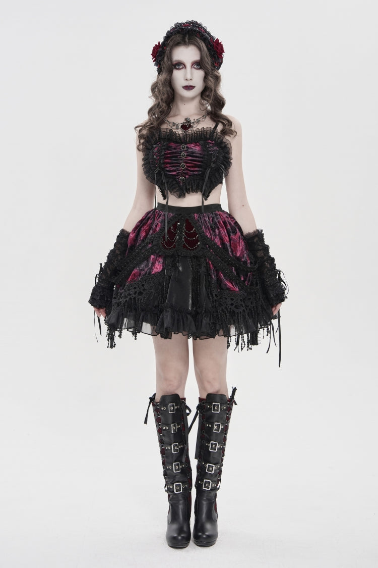 Black/Red Off Shoulder Bow Lace Color-Blocked Strappy Pleated Women's Gothic Corset - Product - 2