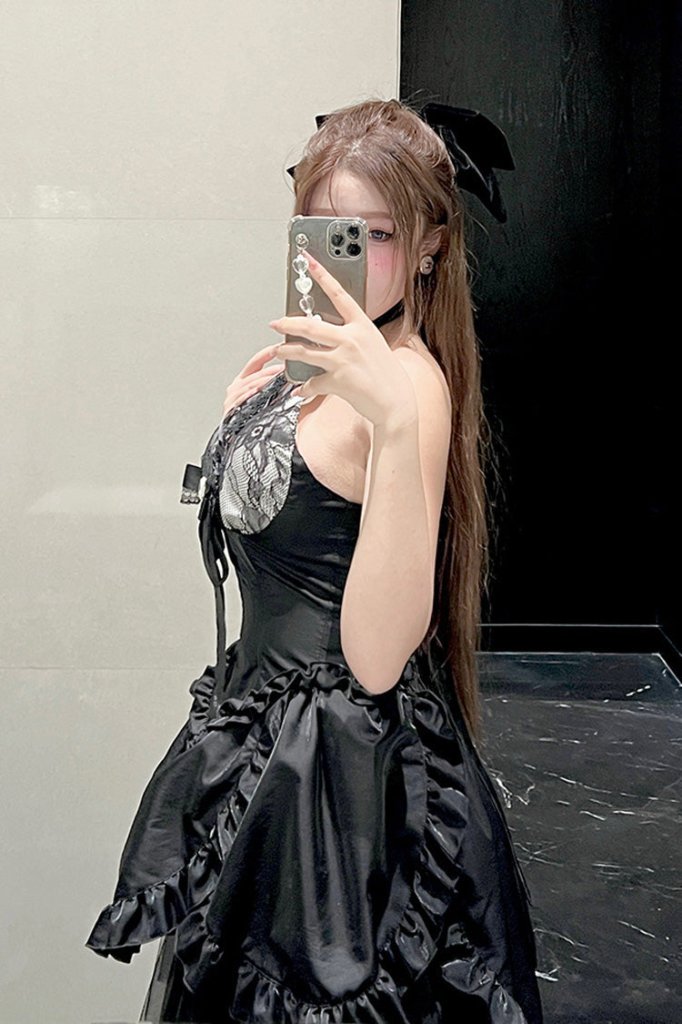 Black Ruffle Bowknot Lace Irregular Gothic Lolita Skirt Two-piece Set - Product - 6