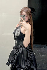 Black Ruffle Bowknot Lace Irregular Gothic Lolita Skirt Two-piece Set - Product - 6