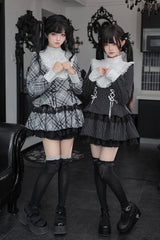 [Doki!] Stand Collar Long Sleeves Printed Ruffled Lace-Up Sweet Cool Lolita Dress 2 Colors(Black, Grey) - Product - 9