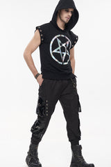 Black Punk Multi Pocket Splicing Illusory Color Removable Metal Left Chain Design Cargo Men's Pants - Black - 11