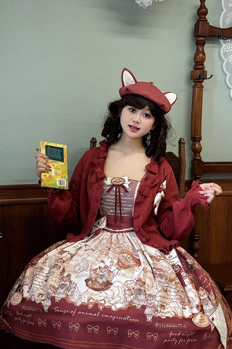 Wine Red [Fox Band] Print Square Collar Bowknot Classic Lolita Jumper Dress - Product - 11