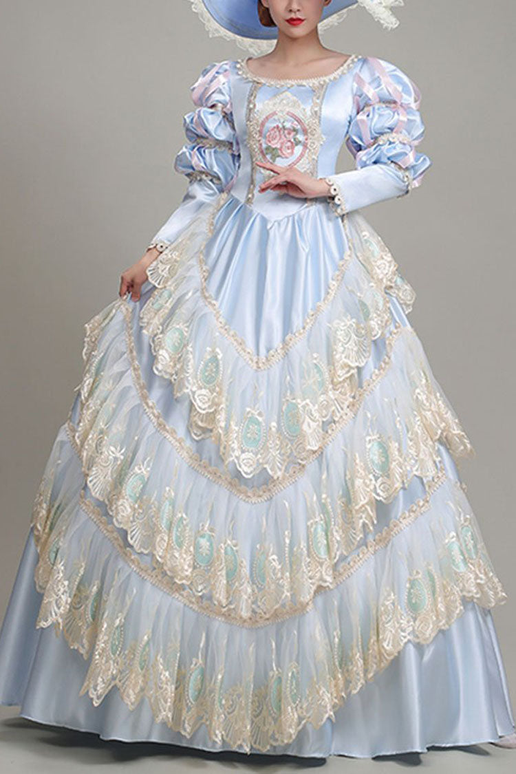 Light Blue Long Sleeves Multi-Layer Lace Stitching High Waisted Hollow Embroidery Floral Print Victorian Lolita Prom Dress - Light Blue - 1