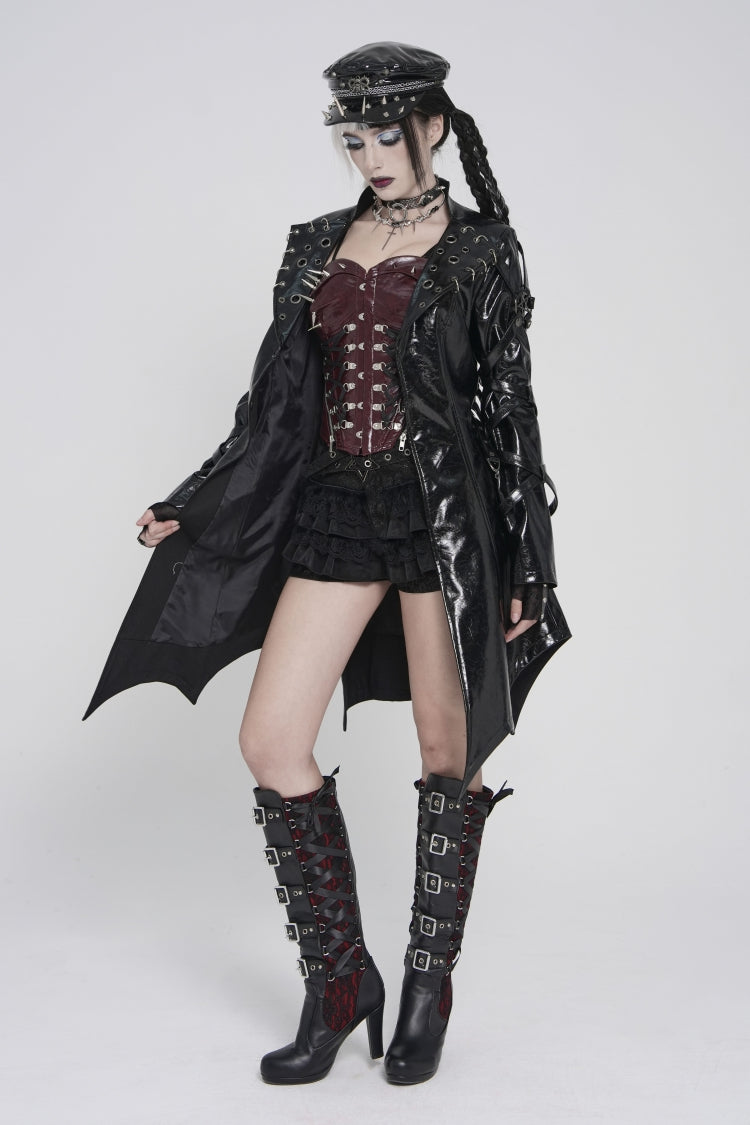 Black Lapel Collar Long Sleeves Lace-Up Irregular Eyelets & Rings Women's Punk Coat - Product - 2