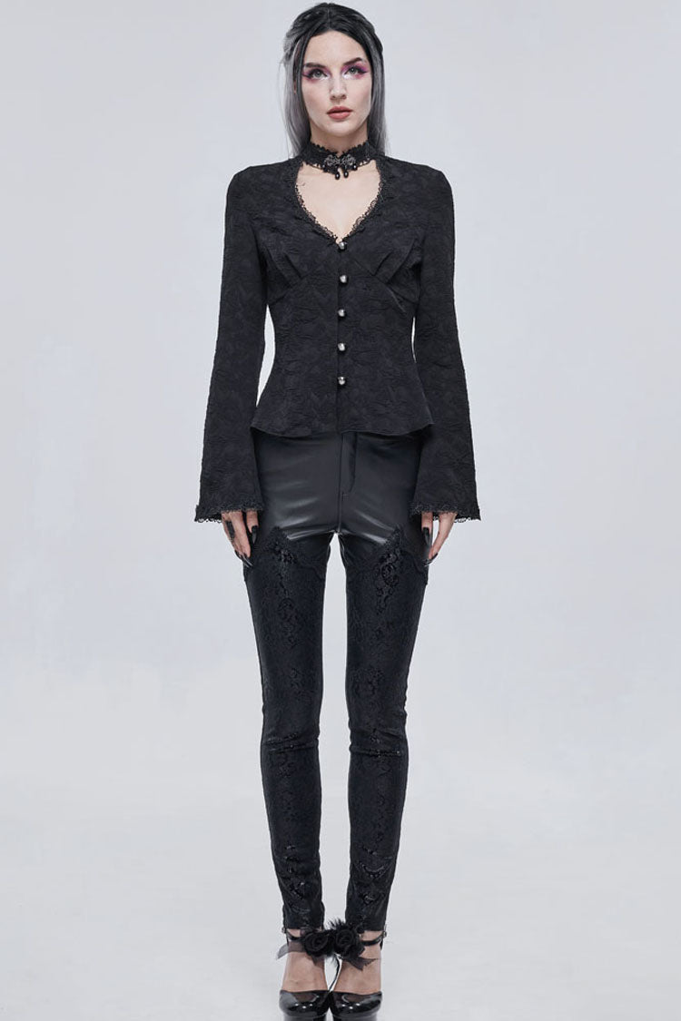 Black Gothic Metal Rose Button Leather Lace Panel Slim Fit Women's Long Pants - Product - 4