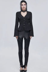Black Gothic Metal Rose Button Leather Lace Panel Slim Fit Women's Long Pants - Product - 4
