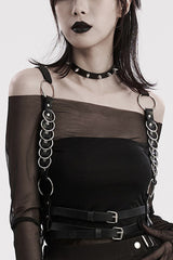 Black Adjustable Double-shoulder Faux Leather Multiple Metal Rings Women's Steampunk Harness - Black - 1