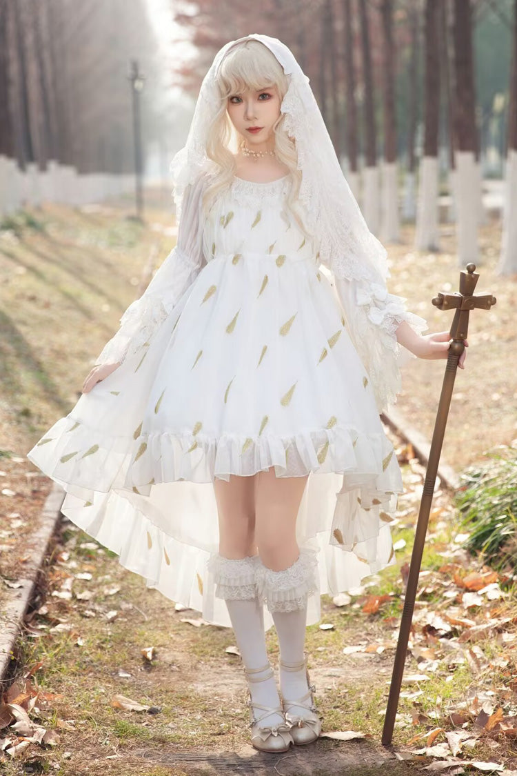 [Feather Snowflake Embroidery] Print Sleeveless Ruffle Bowknot Sweet Lolita Jsk Dress 3 Colors - White - 1