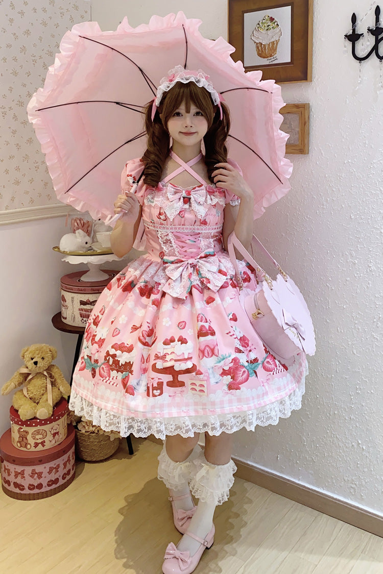Pink [Strawberry Parfait] Print Short Sleeves Ruffle Bowknot Lace Lace-Up Sweet Lolita Dress - Product - 4